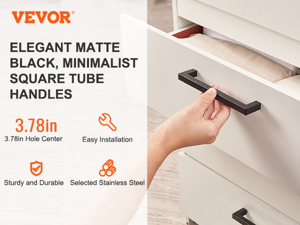 VEVOR cabinet pulls: elegant matte black, minimalist square tube handles, 3.78in hole center, easy installation.