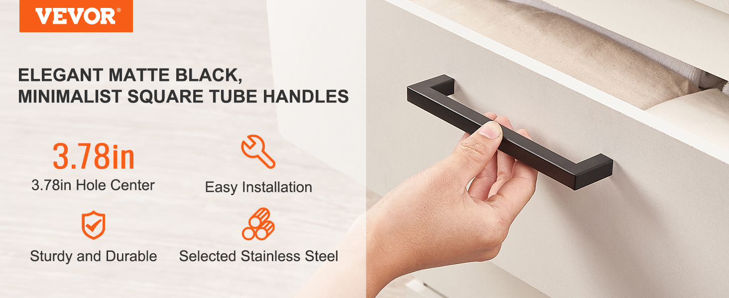 VEVOR cabinet pulls: elegant matte black, minimalist square tube handles, 3.78in hole center, easy installation.