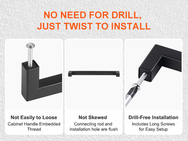 no need for drill, just twist to install VEVOR cabinet pulls featuring flush installation holes.