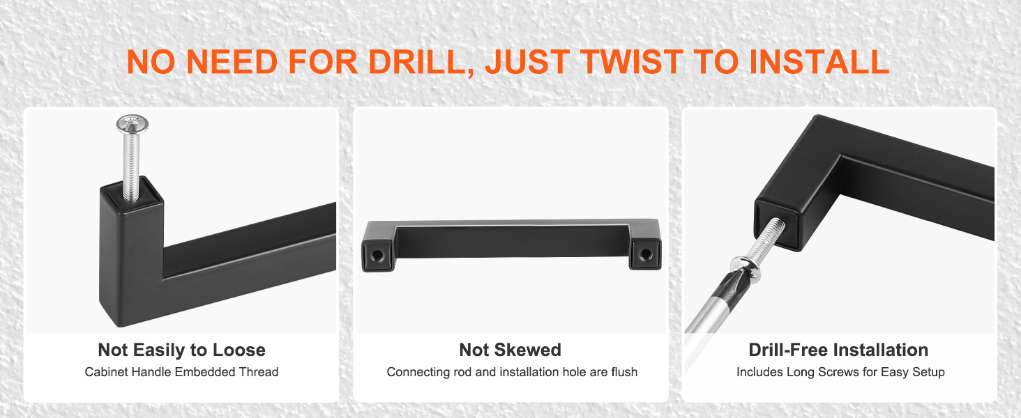 no need for drill, just twist to install VEVOR cabinet pulls featuring flush installation holes.