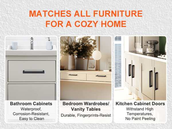 bathroom, bedroom, and kitchen furniture with VEVOR cabinet pulls, durable and stylish for a cozy home.