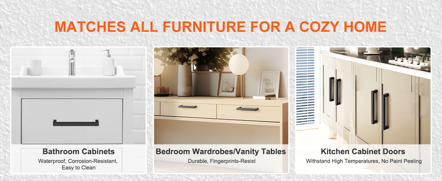 bathroom, bedroom, and kitchen furniture with VEVOR cabinet pulls, durable and stylish for a cozy home.