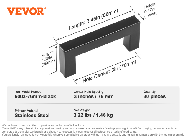 VEVOR cabinet pulls, 3-inch hole spacing, black stainless steel, 30 pieces, model 6003-76mm, 1.46 kg.