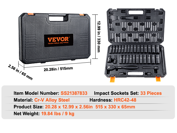 VEVOR impact socket set with 33 pieces, cr-v alloy steel, and a sturdy carrying case.