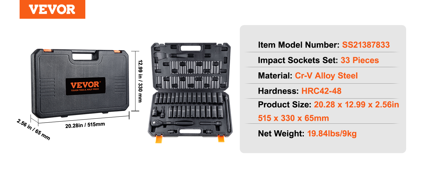 VEVOR impact socket set with 33 pieces, cr-v alloy steel, and a sturdy carrying case.