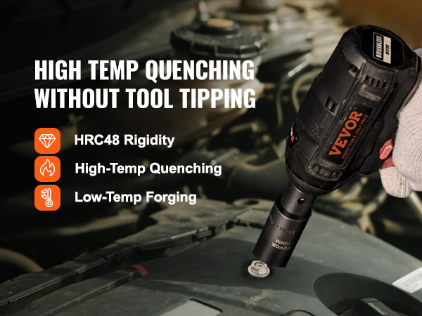 VEVOR impact socket set in use, highlighting hrc48 rigidity and high-temp quenching benefits.
