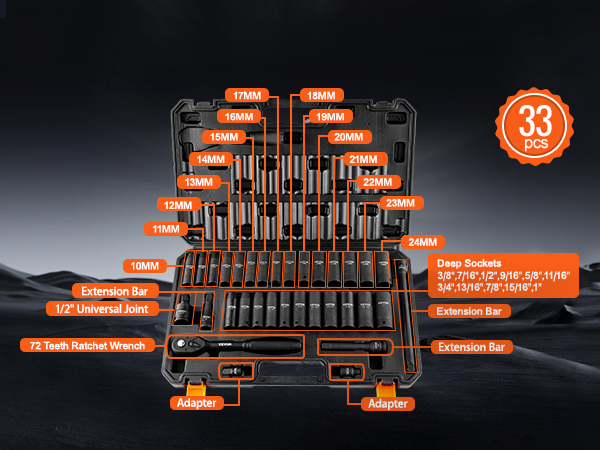 VEVOR impact socket set with 33 pcs including 72 teeth ratchet wrench, deep sockets, and adapters.