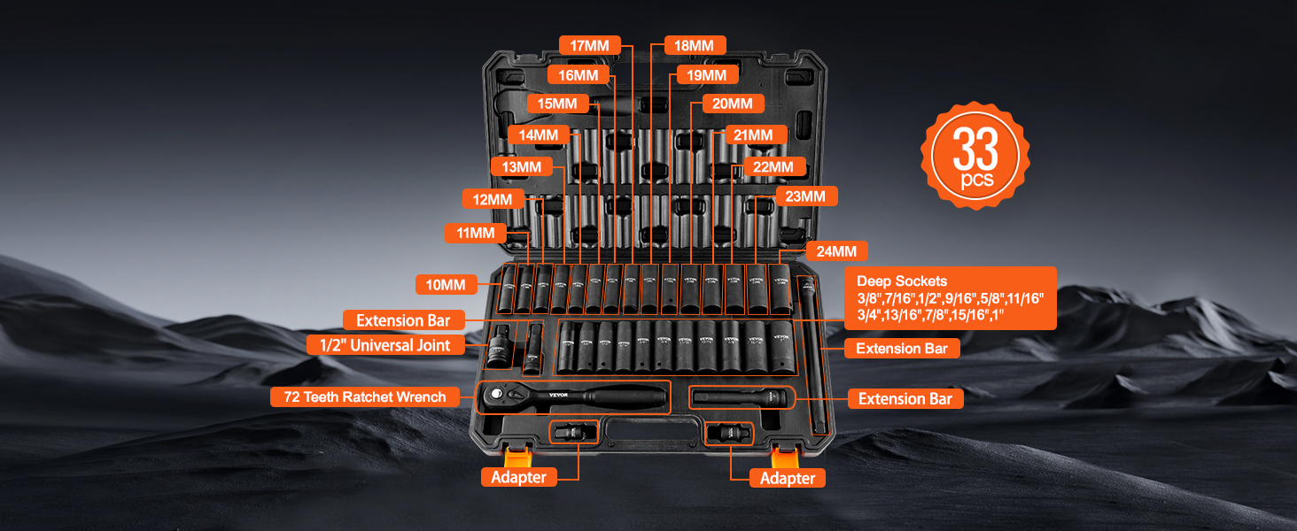 VEVOR impact socket set with 33 pcs including 72 teeth ratchet wrench, deep sockets, and adapters.