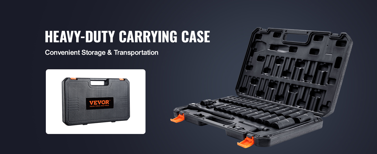 heavy-duty VEVOR impact socket set in a carrying case for convenient storage and transportation.