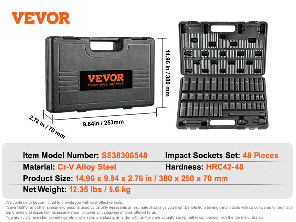 VEVOR impact socket set, 48 pieces, cr-v alloy steel, hrc42-48 hardness, 380x250x70 mm case.