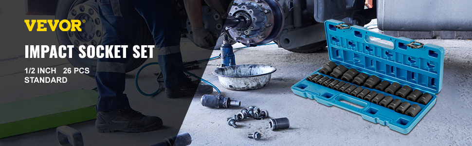 VEVOR impact socket set in blue case beside automotive repair tools and parts.