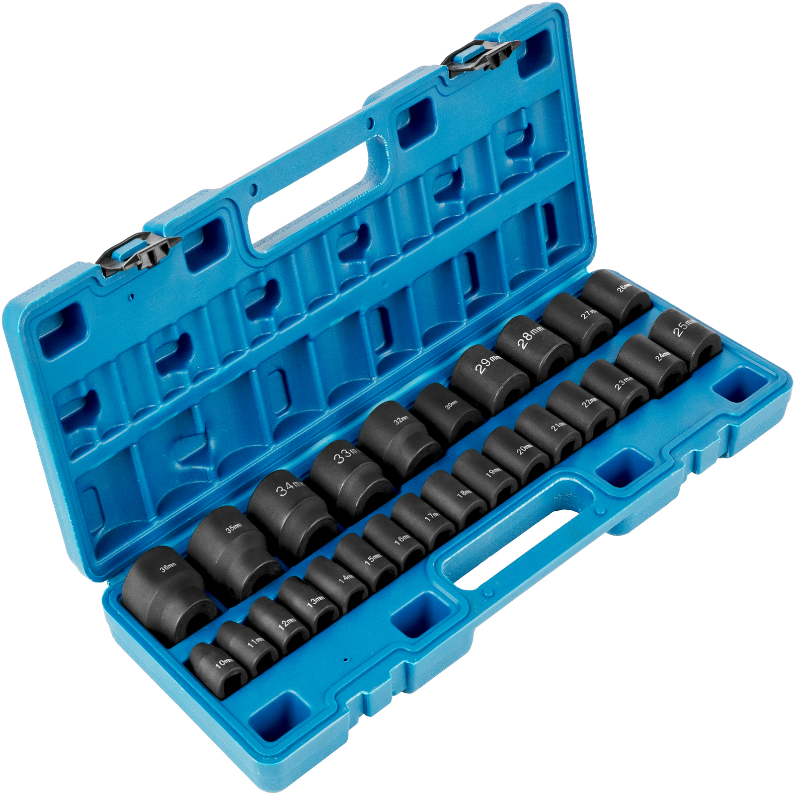 VEVOR impact socket set in blue case with various socket sizes.