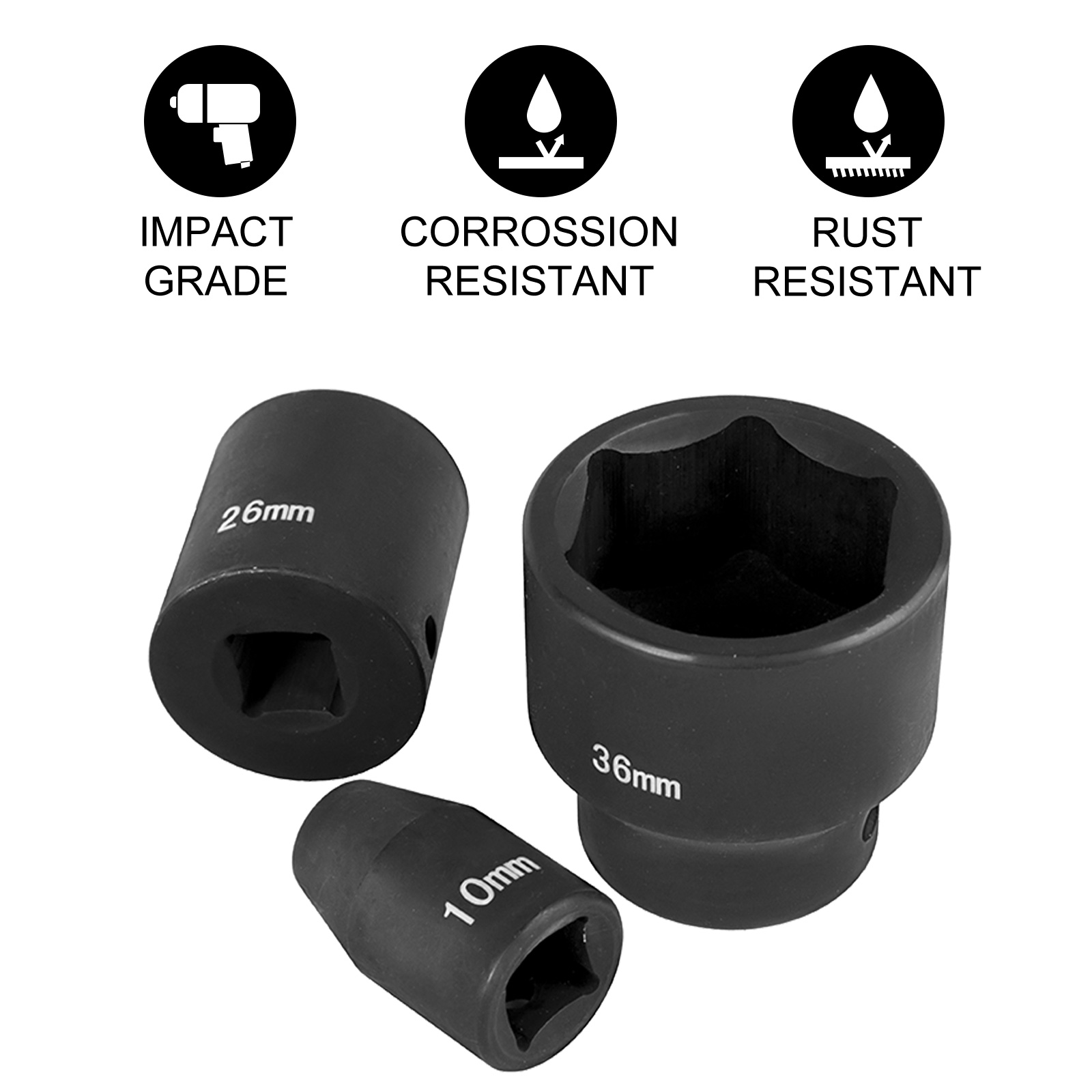 VEVOR impact socket set with 10mm, 26mm, and 36mm sockets, corrosion and rust-resistant.