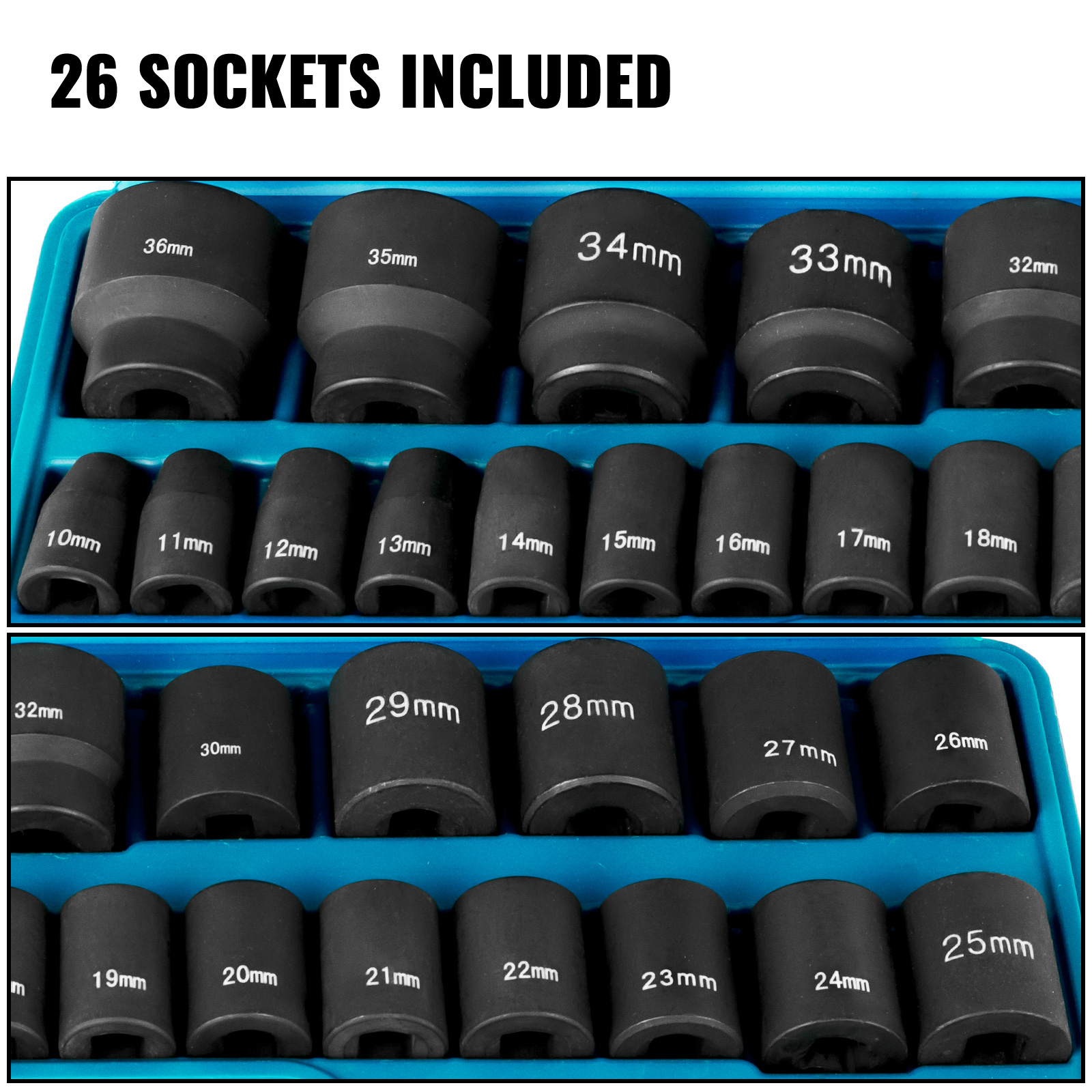 VEVOR impact socket set, 26 sockets in various sizes, organized in a blue case.