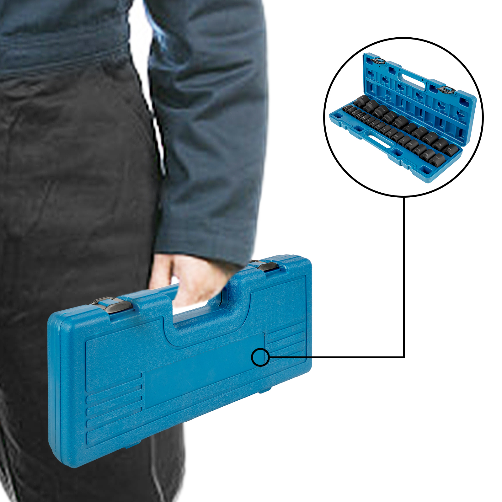 person carrying blue case with VEVOR impact socket set shown in inset.