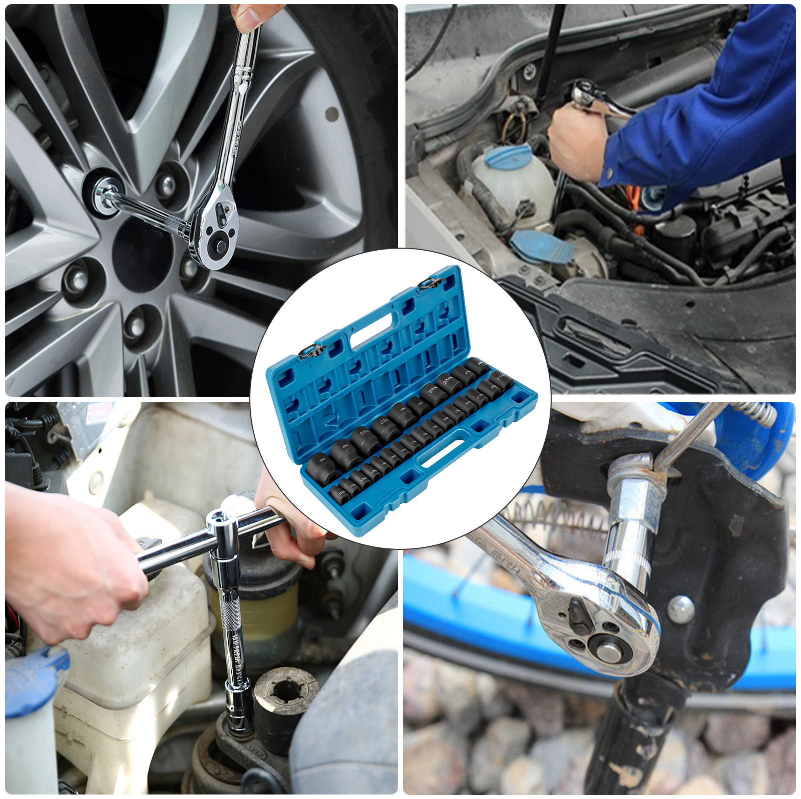 VEVOR impact socket set in use on car and bike repairs, blue case with sockets displayed.