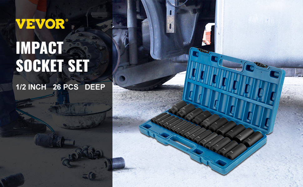VEVOR impact socket set, 26 pcs in blue case near mechanic.
