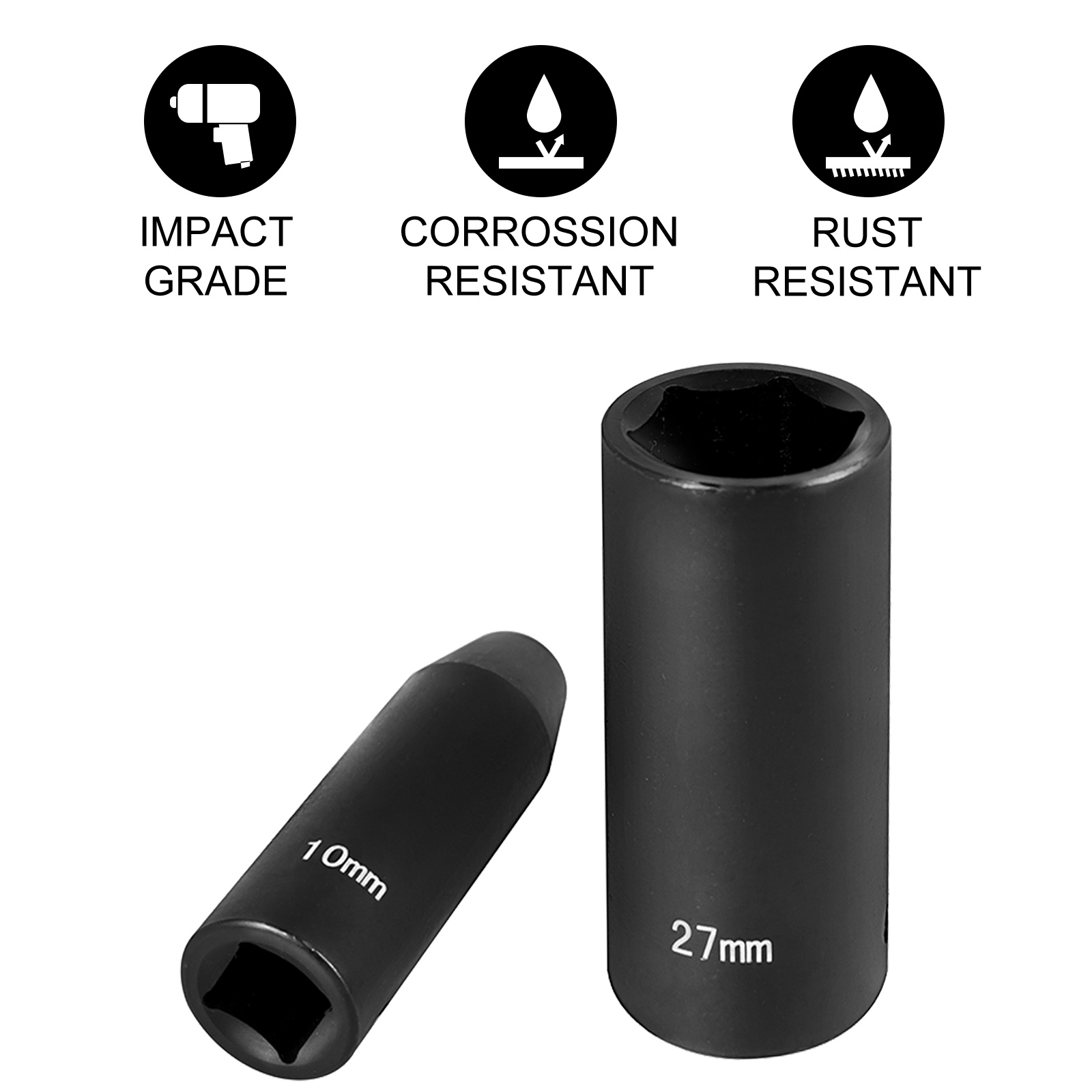 VEVOR impact socket set, corrosion-resistant, rust-resistant, with 10mm and 27mm sockets.