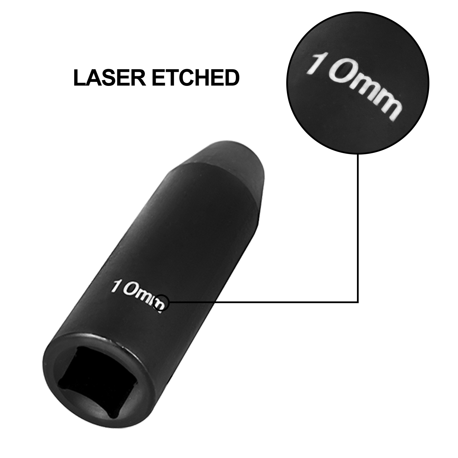 10mm VEVOR impact socket set with laser-etched size marking.