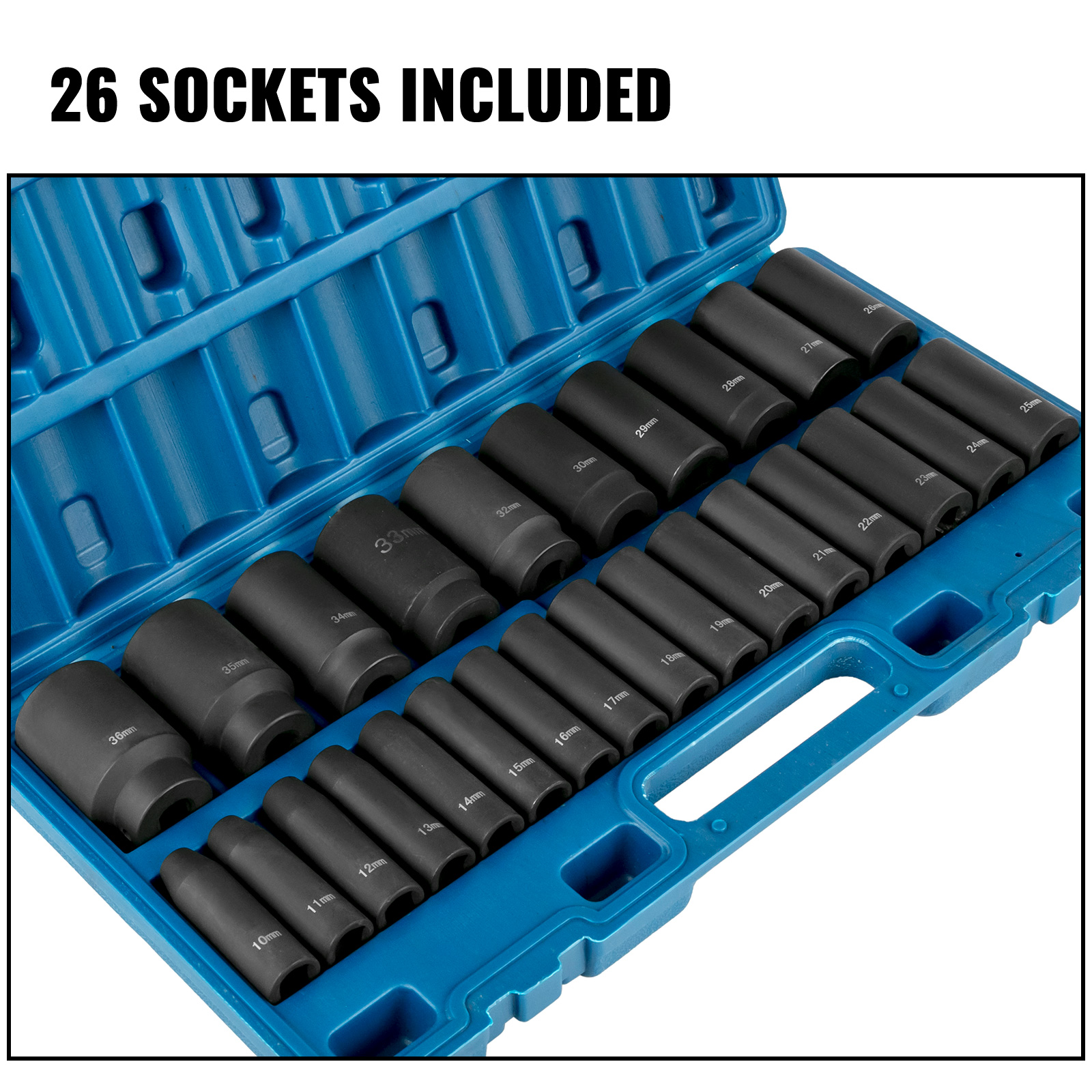 VEVOR impact socket set in blue case with 26 sockets included.