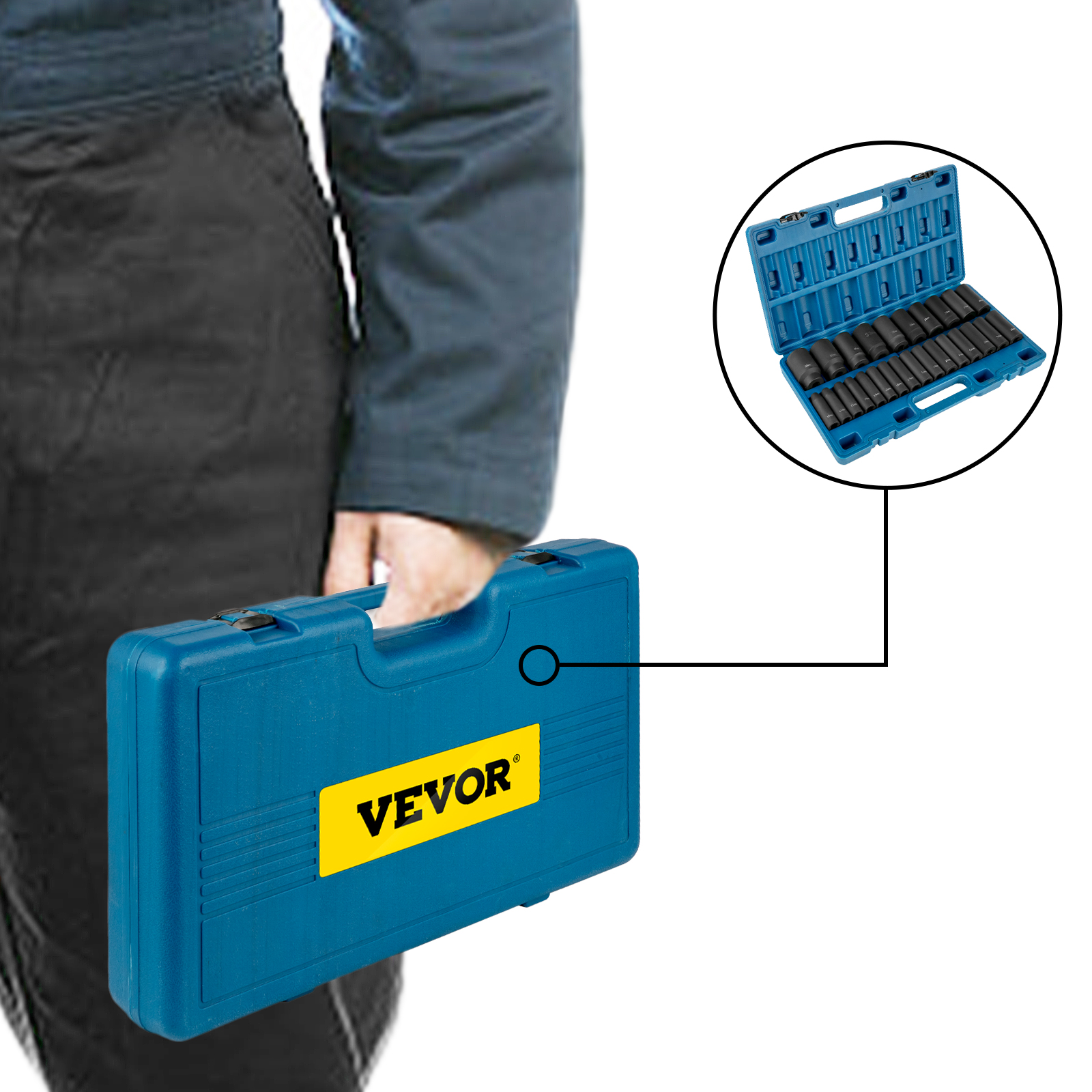 person carrying a blue VEVOR impact socket set case with tools shown in the insert.