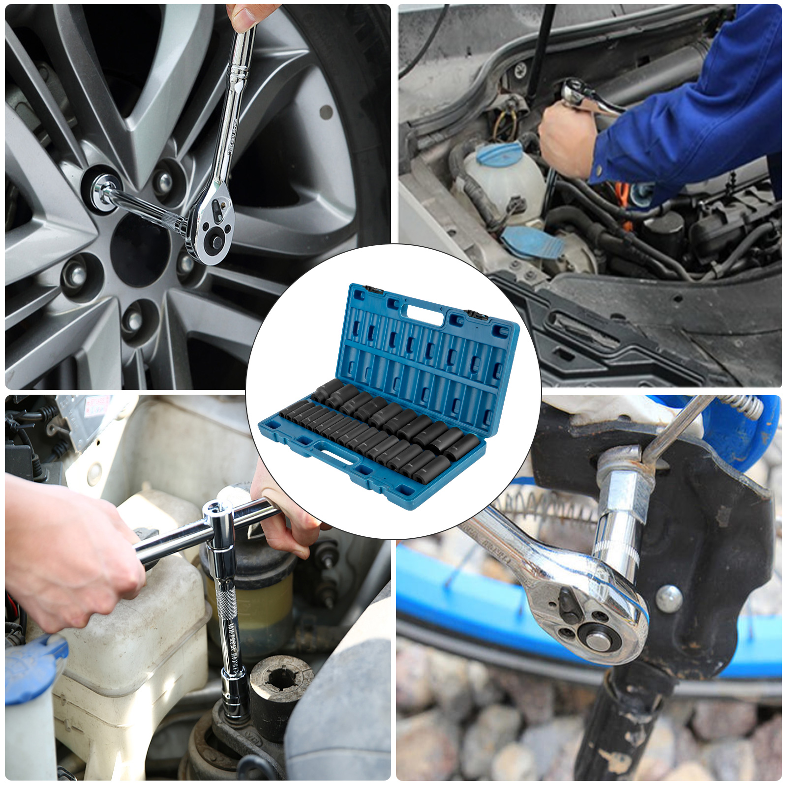 VEVOR impact socket set in use with a blue case, shown in various automotive tasks.