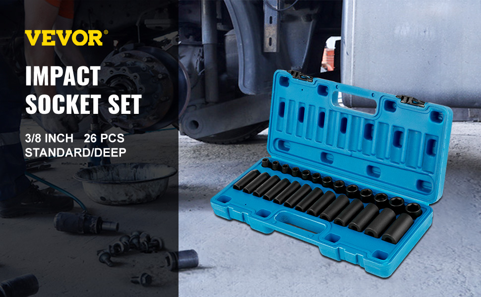 VEVOR impact socket set in blue case with 26 pieces, 3/8 inch, standard and deep sockets.