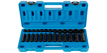 blue case with 20-piece VEVOR impact socket set organized neatly inside.