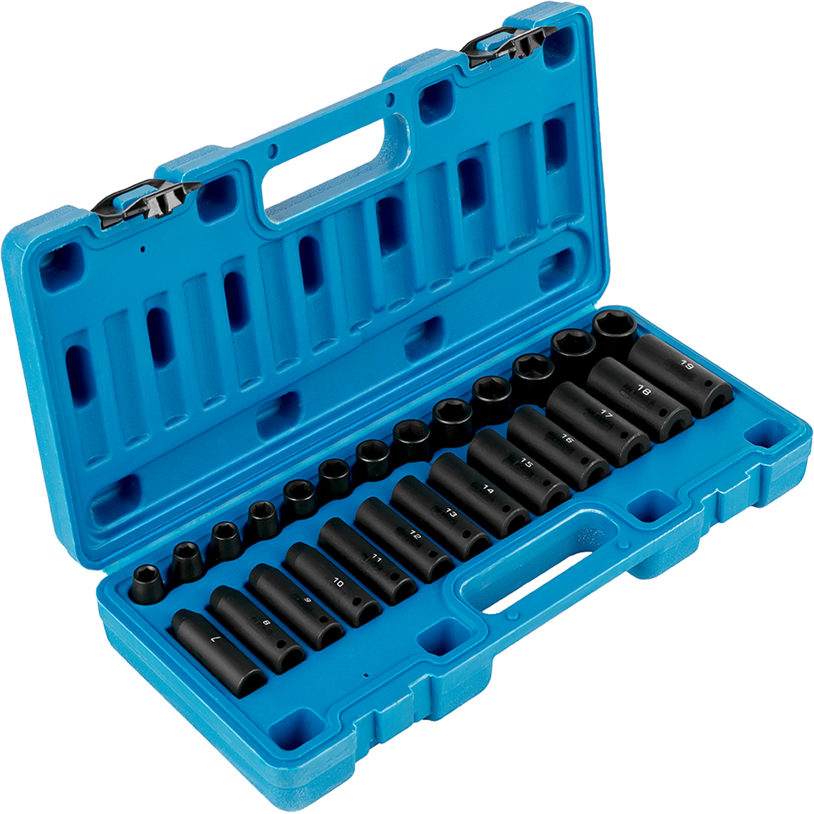 VEVOR impact socket set in a blue carrying case with various socket sizes displayed.