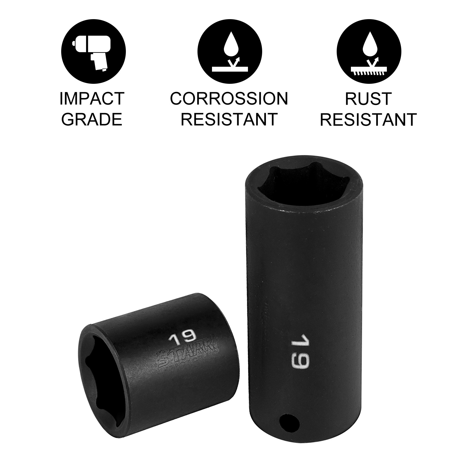 VEVOR impact socket set with corrosion and rust resistance, impact grade durability.