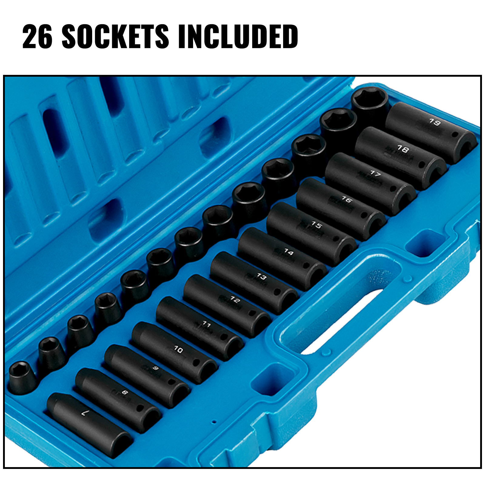 VEVOR impact socket set in blue case with 26 sockets included.