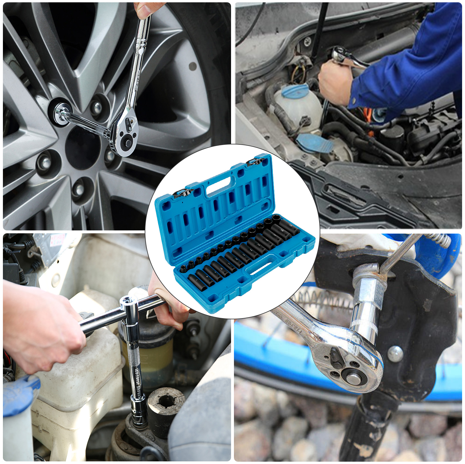 VEVOR impact socket set used for car repair and maintenance, including detailed socket case.