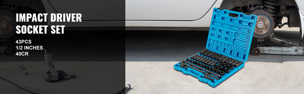 VEVOR impact socket set in blue case with 43 pieces, next to a car on a jack.