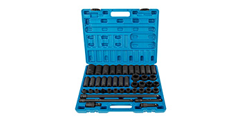 VEVOR impact socket set in blue case with various socket sizes.