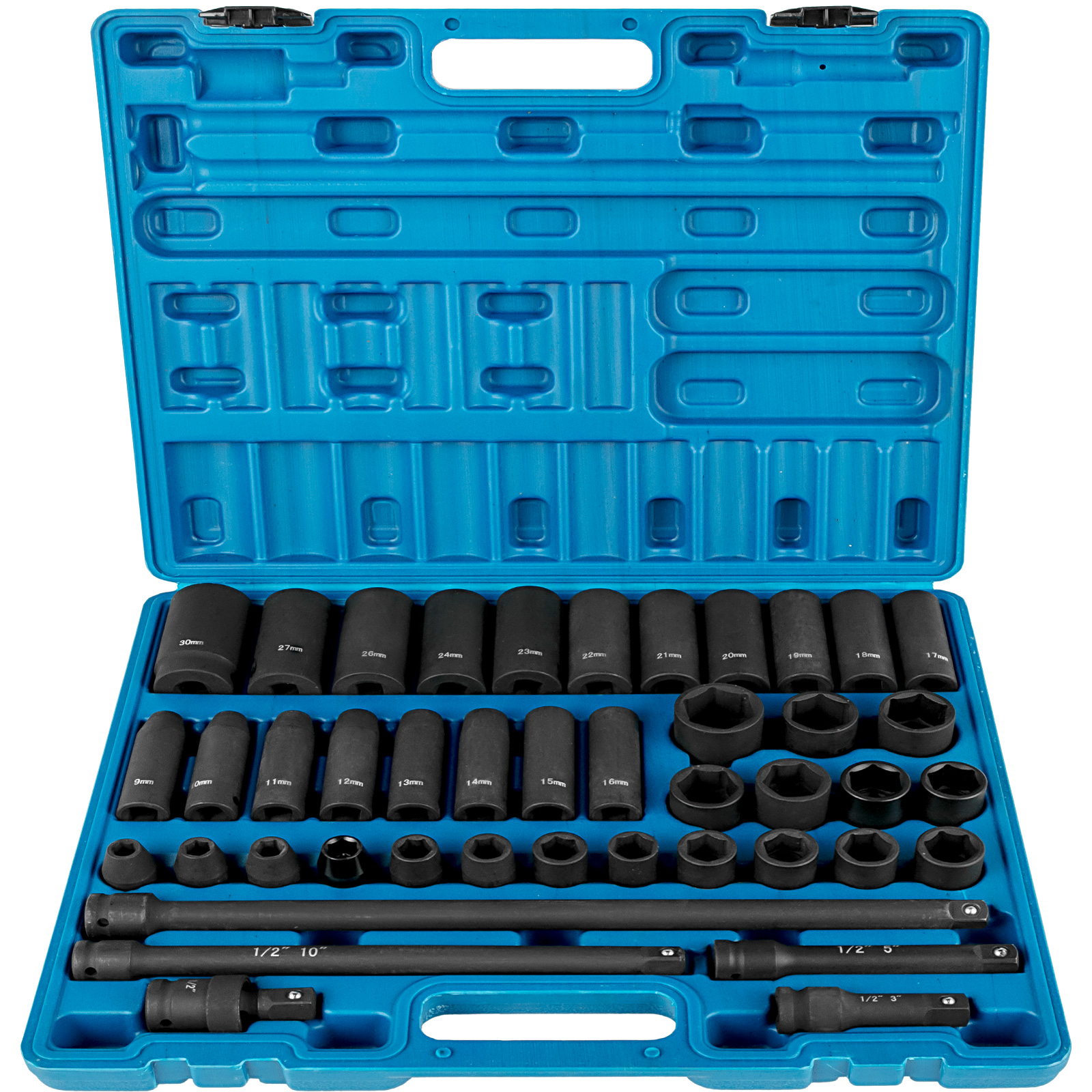 blue case holding VEVOR impact socket set with assorted black sockets and extensions.