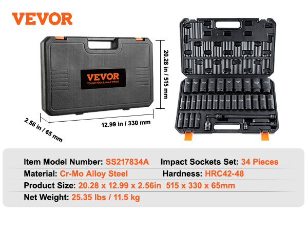 VEVOR deep impact socket set in a rugged black case, 34 cr-mo alloy steel pieces shown with dimensions.