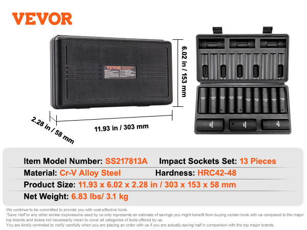 VEVOR impact socket set, 13 pieces, cr-v alloy steel, product size: 11.93" x 6.02" x 2.28".