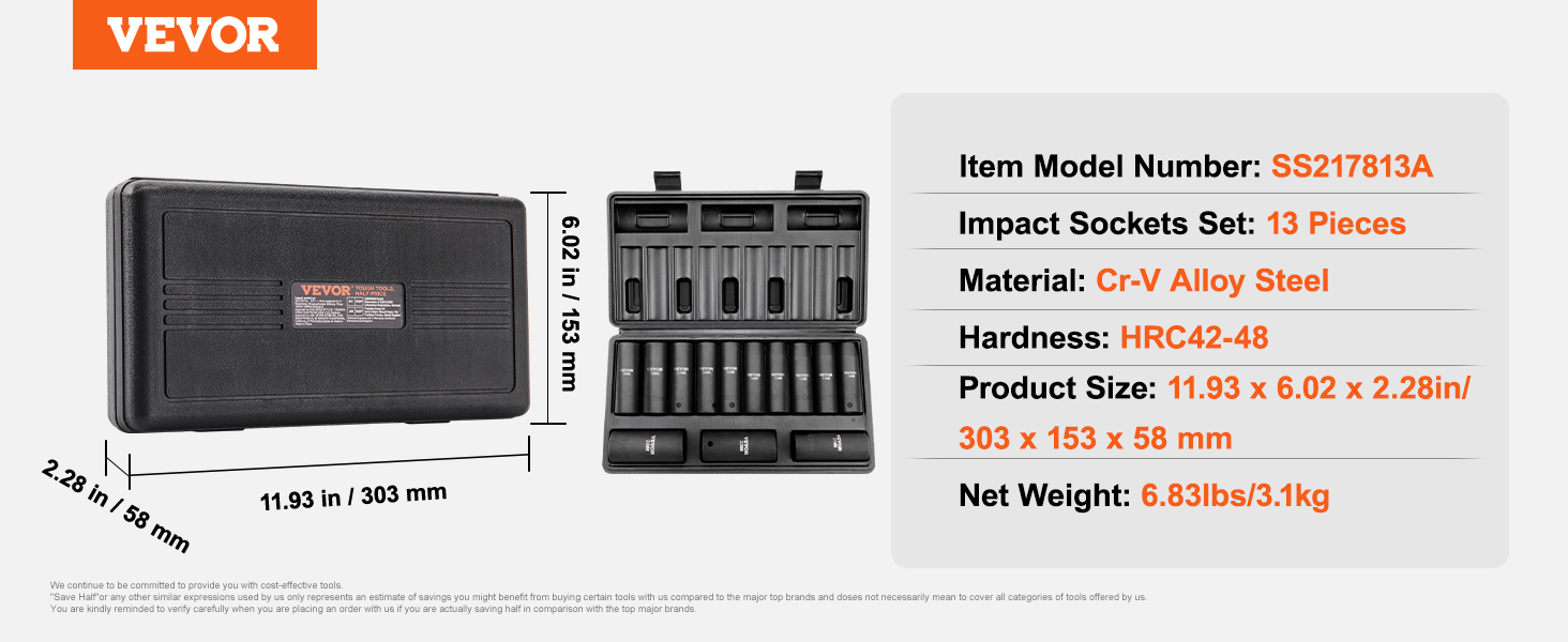 VEVOR impact socket set, 13 pieces, cr-v alloy steel, product size: 11.93" x 6.02" x 2.28".