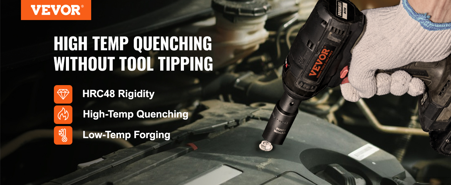 VEVOR impact socket set - high temp quenching and hrc48 rigidity for enhanced performance.