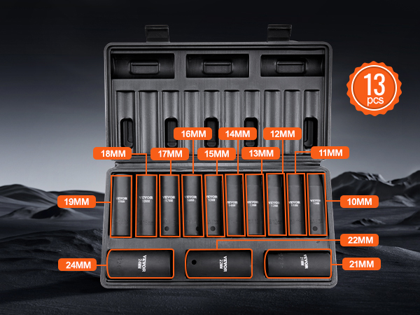 VEVOR impact socket set with 13 pieces ranging from 10mm to 24mm in a durable black case.
