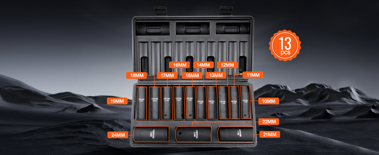 VEVOR impact socket set with 13 pieces ranging from 10mm to 24mm in a durable black case.