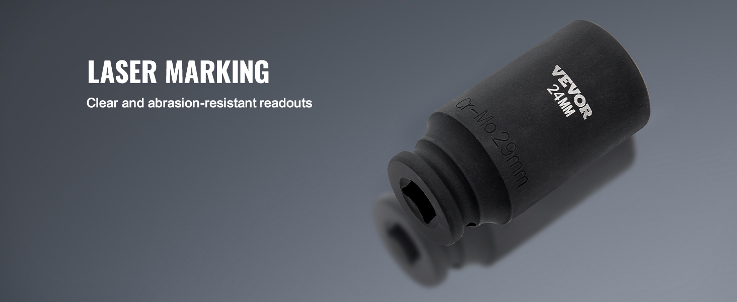VEVOR impact socket set with laser marking for clear, abrasion-resistant readouts.