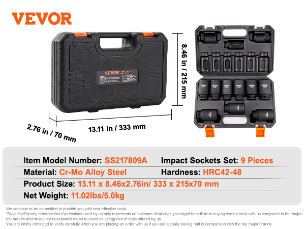 VEVOR impact socket set, 9 pieces, cr-mo alloy steel, hrc42-48, 13.11x8.46x2.76in, carrying case included.