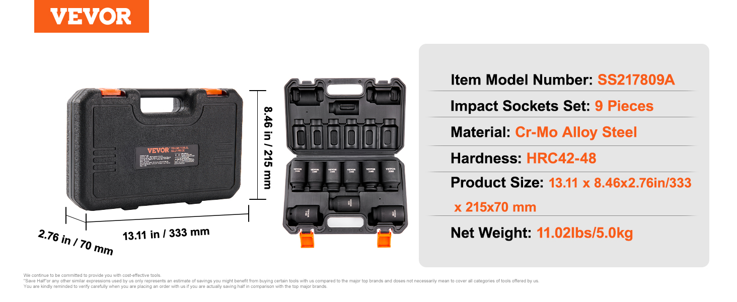 VEVOR impact socket set, 9 pieces, cr-mo alloy steel, hrc42-48, 13.11x8.46x2.76in, carrying case included.