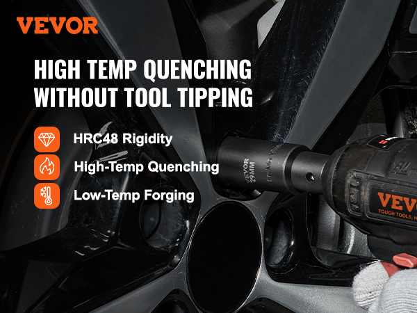 VEVOR impact socket set in use with a drill, highlighting features: high-temp quenching, hrc48 rigidity.
