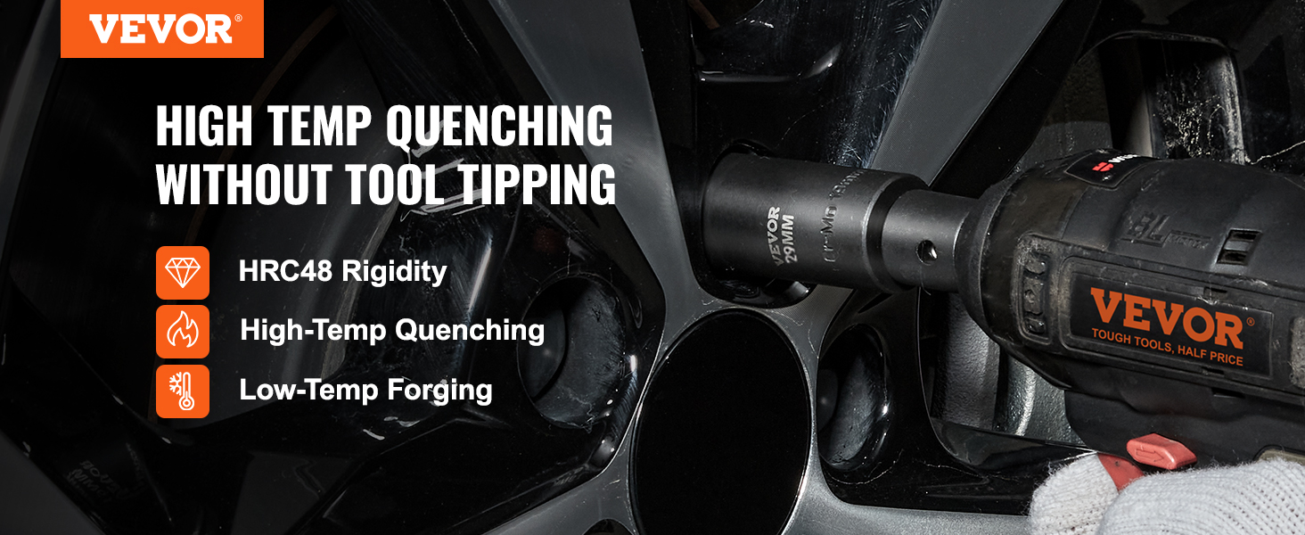 VEVOR impact socket set in use with a drill, highlighting features: high-temp quenching, hrc48 rigidity.