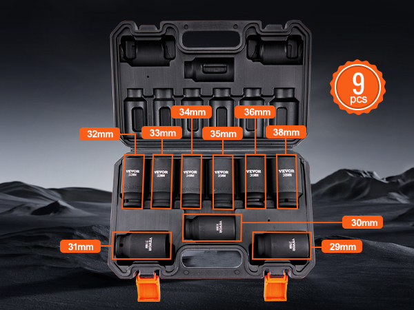 VEVOR impact socket set in hard case, featuring nine metric sockets ranging from 29mm to 38mm.