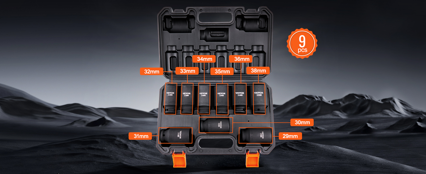 VEVOR impact socket set in hard case, featuring nine metric sockets ranging from 29mm to 38mm.