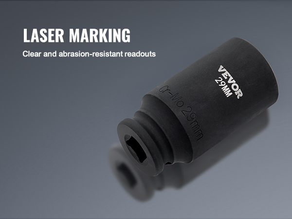 VEVOR impact socket set featuring laser marking for clear, abrasion-resistant readouts.