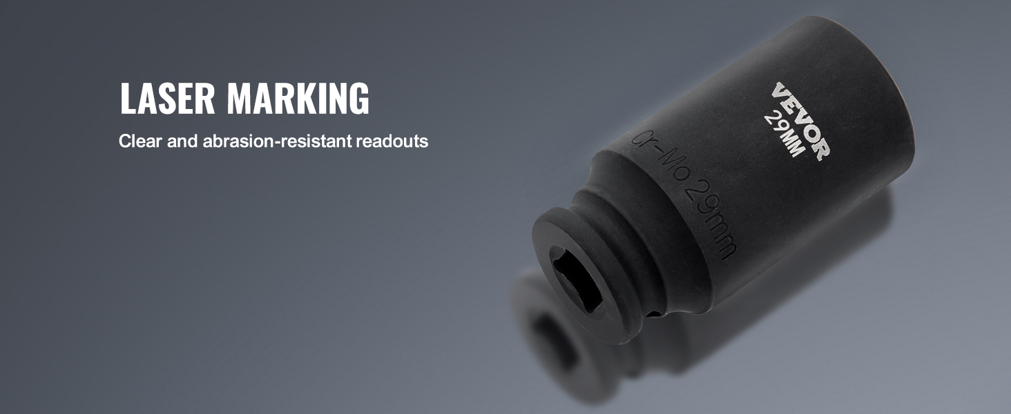 VEVOR impact socket set featuring laser marking for clear, abrasion-resistant readouts.